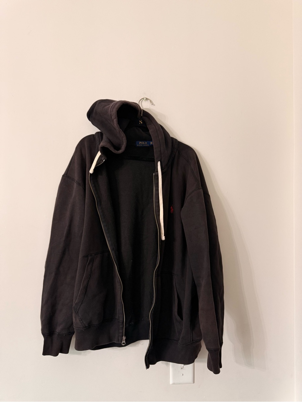 Ralph Lauren Black Zip-Up Hooded Sweatshirt with White Drawcords